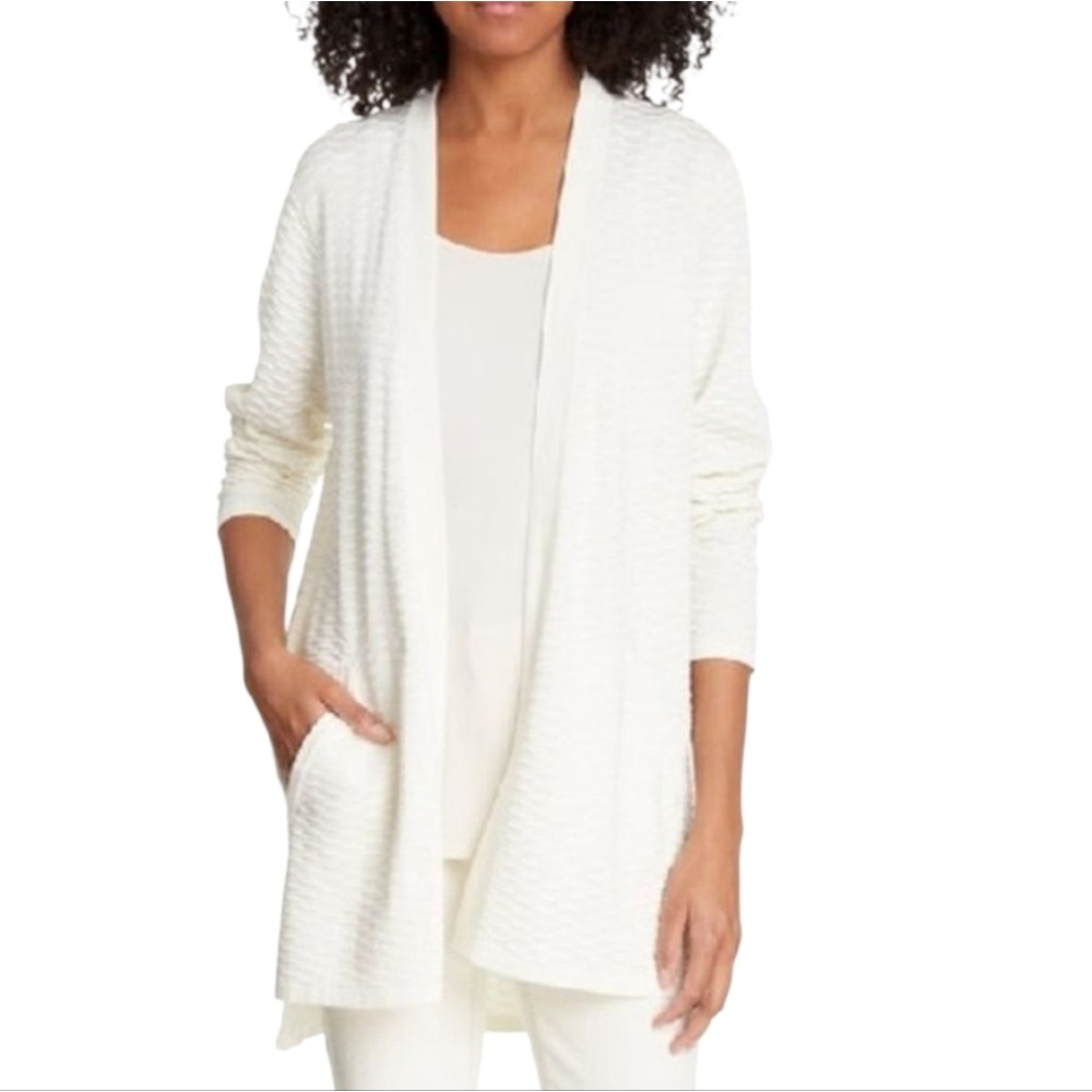 Eileen Fisher Cream Silk Organic Cotton Textured Tunic Long Sweater Cardigan XS